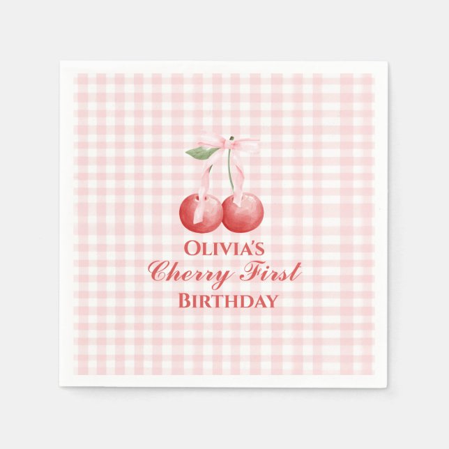 Serviette En Papier Cerise premier anniversaire Ruban Rose Gingham (Devant)