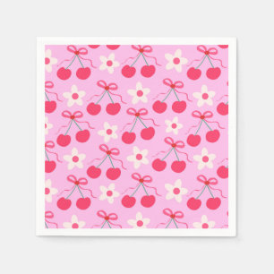 Serviette En Papier Cerises Coquettes avec Rubans Rouges et Fleurs Bla