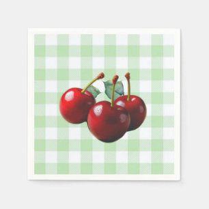 Serviette En Papier Cerises rétro fraîchement cueillies gingham vert
