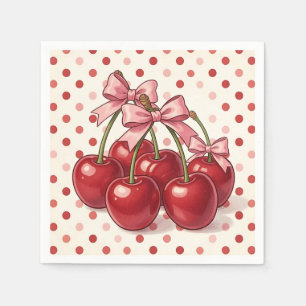 Serviette En Papier Cerises Rouges Doux Rubans Roses Points Rétro 