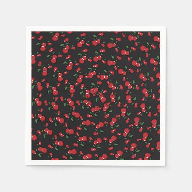 Serviette En Papier Cerises rouges sur Black Cute Fruit Anniversaire (Devant)