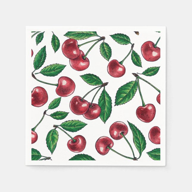 Serviette En Papier Cerises rouges sur blanc (Devant)