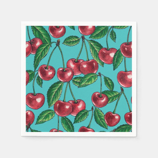 Serviette En Papier Cerises rouges sur turquoise (Devant)