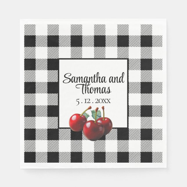 Serviette En Papier Cerises Vintage gingham noir blanc (Devant)