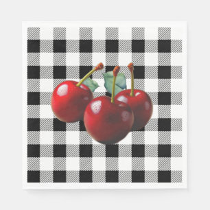 Serviette En Papier Cerises vintage gingham noir blanc