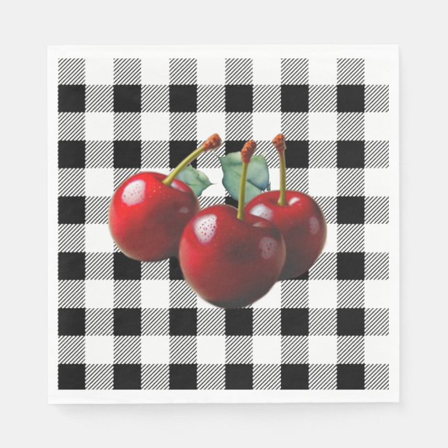 Serviette En Papier Cerises vintage gingham noir blanc (Devant)