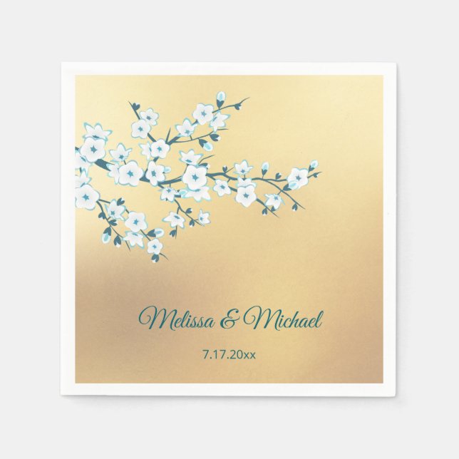 Serviette En Papier Cerisier Fleur Blanche Or (Devant)