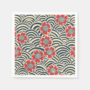 Serviette En Papier Cerisier Rouge Sakura Navy Vague Crème Motif Japon