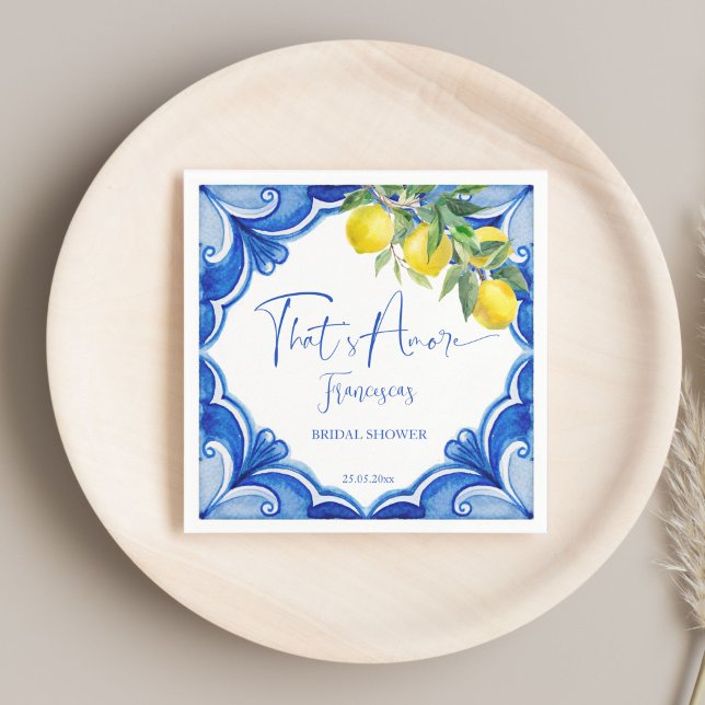 Serviette En Papier C'est amore Bleu citron italien douche nuptiale (That's amore Blue tiles lemons vintage Italian bridal shower personalized Napkins table decor)