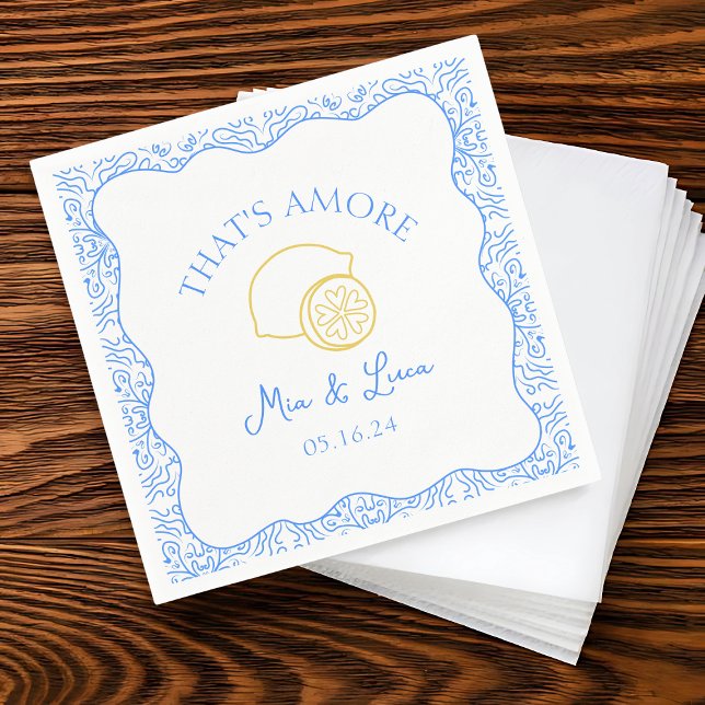 Serviette En Papier C'est Amore Lemon Blue Tiles Amalfi Italie Mariage (Add a fun touch to your wedding with our 'That's Amore' lemon & blue tile personalized napkins,)