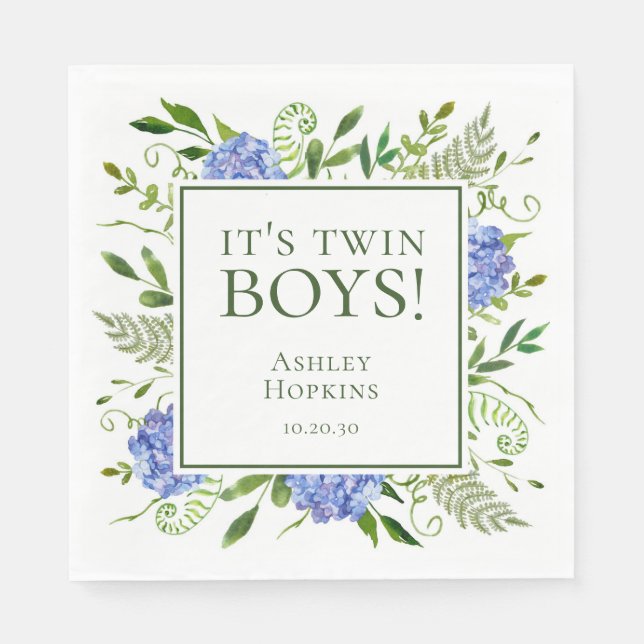 Serviette En Papier C'est Twin Boys Blue Hydrangeas Boy Baby shower (Devant)