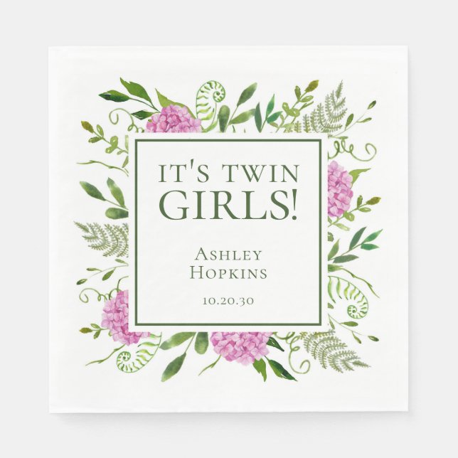 Serviette En Papier C'est Twin Girls Pink Hydrangeas Girl Baby shower (Devant)