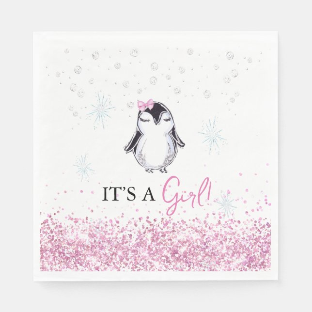 Serviette En Papier C'est un Baby shower d'hiver pour filles pingouins (Devant)