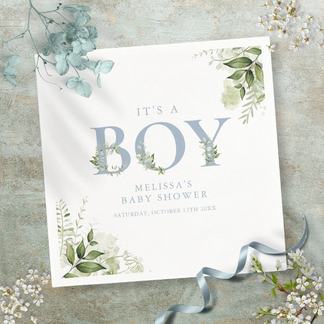 Serviette En Papier C'est un garçon vert Dusty Baby shower lettre bleu (Its A Boy Greenery Dusty Blue Letter Baby Shower Napkins)