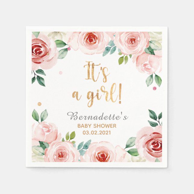 Serviette En Papier c'est une fille ! Aquarelle Baby shower floral ser (Devant)