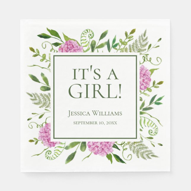 Serviette En Papier C'est une fille Baby Shower Hydrangeas roses (Devant)