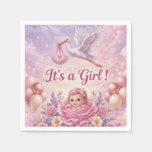 Serviette En Papier C'est une Fille Pink Stork Baby Shower