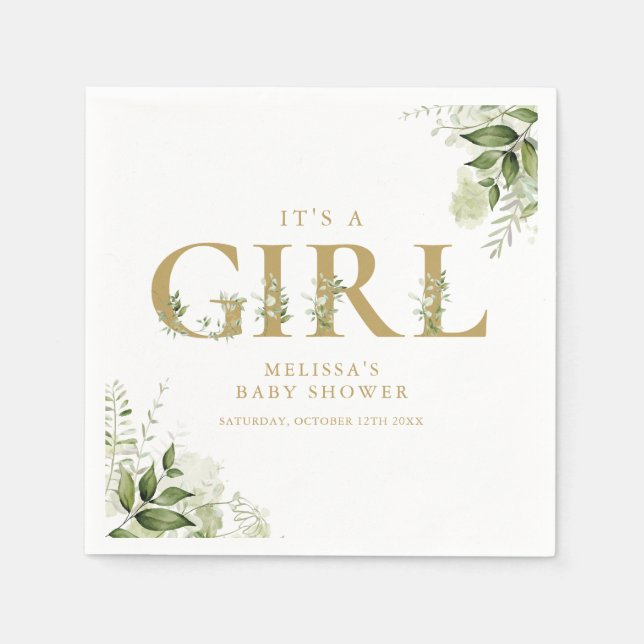 Serviette En Papier C'est Une Fille Verdure Lettre Dorée Baby Shower (Devant)