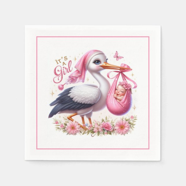 Serviette En Papier C'est une petite fille mignonne cigogne avec bébé  (Devant)