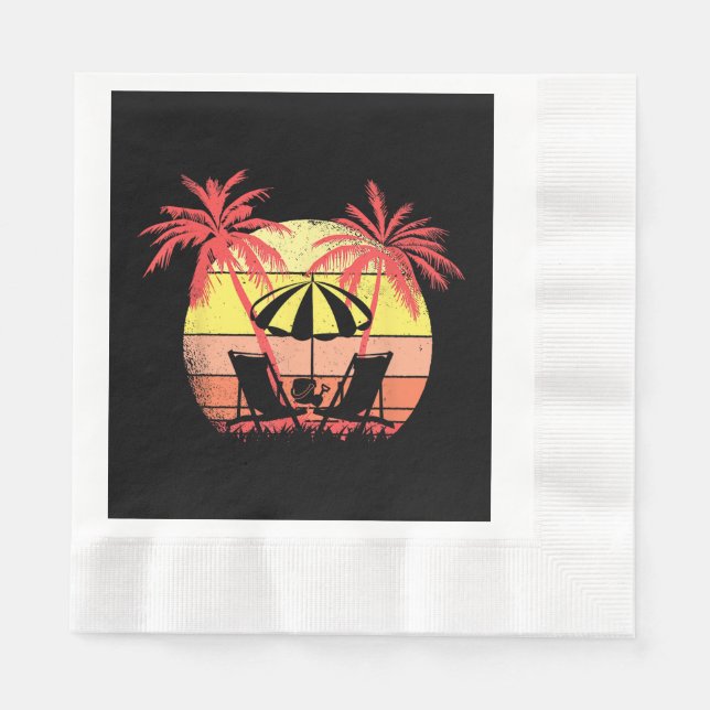 Serviette En Papier Chaises de plage Parasol Eté Coucher de soleil 80s (Devant)