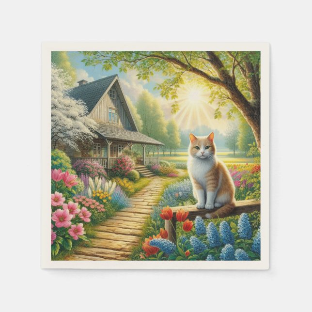 Serviette En Papier Chalet de printemps/jardin & chat (Devant)