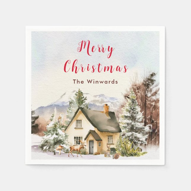Serviette En Papier Chalet de vacances d'hiver Joyeux Noël (Devant)