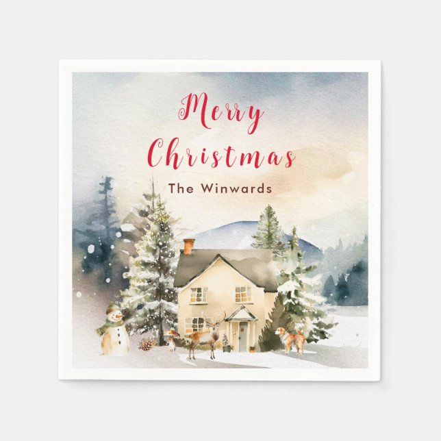 Serviette En Papier Chalet de vacances d'hiver Joyeux Noël (Devant)