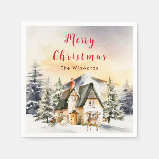 Serviette En Papier Chalet de vacances d'hiver Joyeux Noël (Devant)