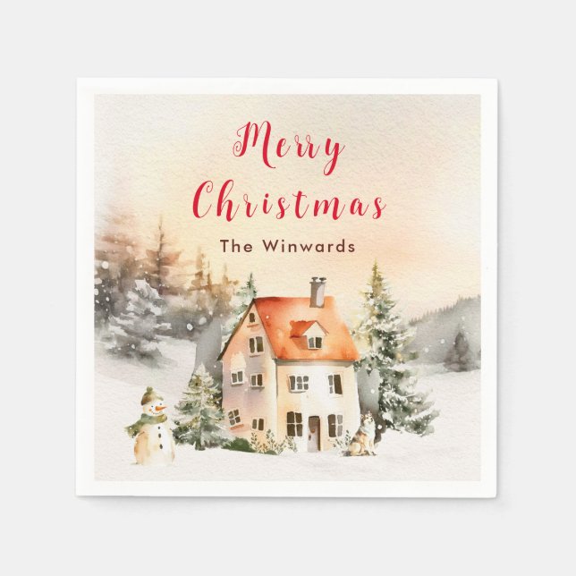 Serviette En Papier Chalet de vacances d'hiver Joyeux Noël (Devant)