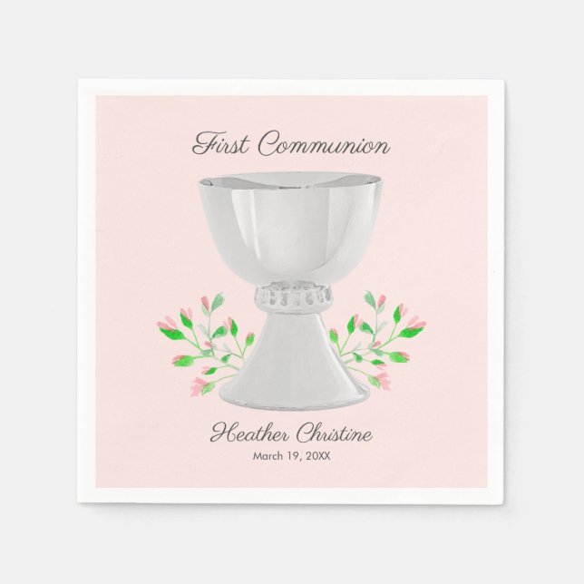 Serviette En Papier Chalice et Buds Rose Verdure Première communion (Devant)