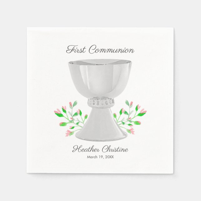 Serviette En Papier Chalice et Buds Rose Verdure Première communion (Devant)