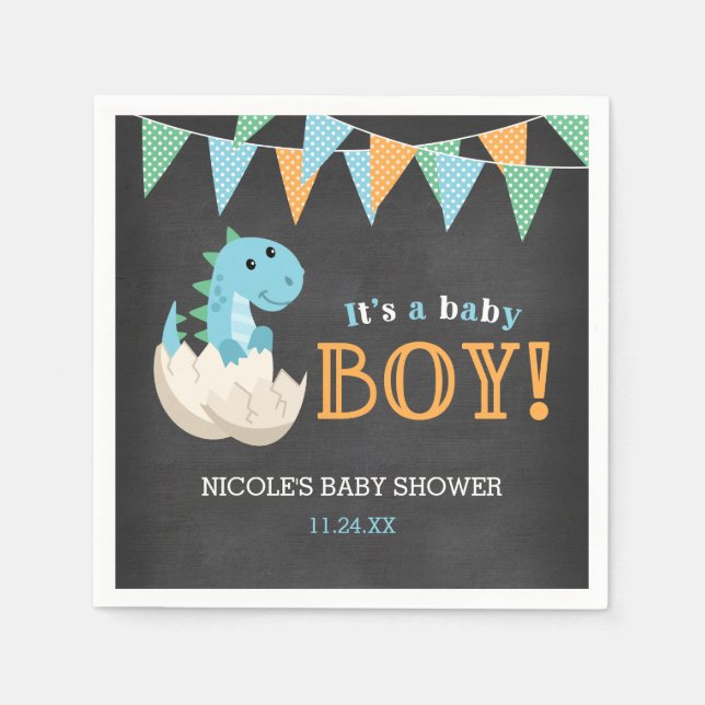 Serviette En Papier Chalkboard Dinosaur Boy Baby shower (Devant)