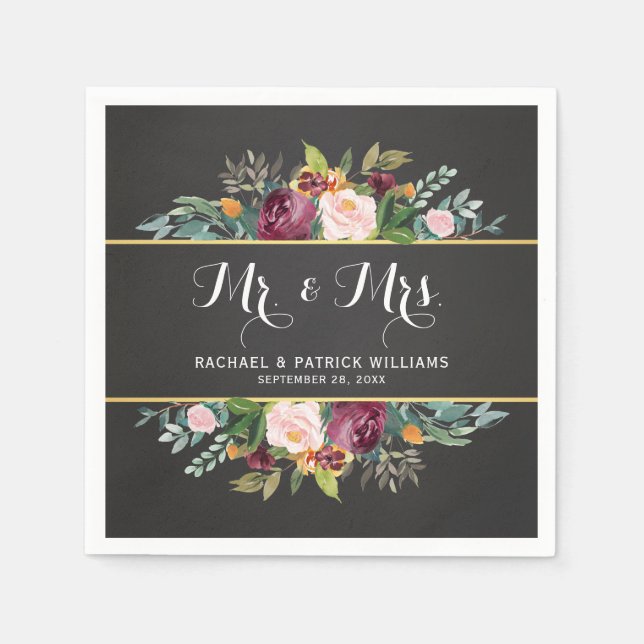Serviette En Papier Chalkboard Floral M. et Mme Mariage (Devant)