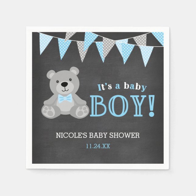Serviette En Papier Chalkboard Gris Teddy Bear Baby shower garçon (Devant)