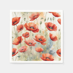 Serviette En Papier Champ d'aquarelle vibrant de pavots sauvages dans