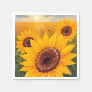 Serviette En Papier Champ de Tournesols   Aquarelle Fleur Jaune Peinte