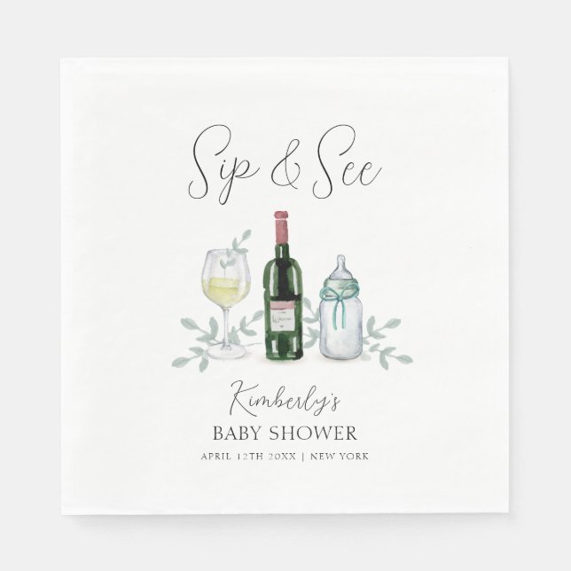 Serviette En Papier Champagne verdoyante Sip & Voir Baby shower (Devant)