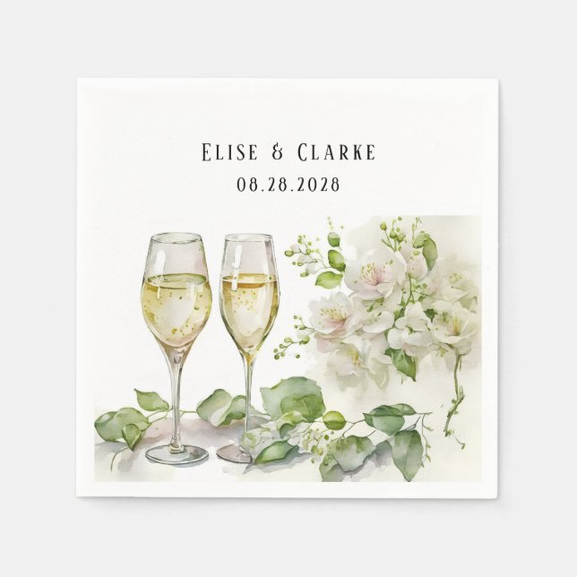 Serviette En Papier Champagne Verre et Florales Mariage personnalisé (Devant)