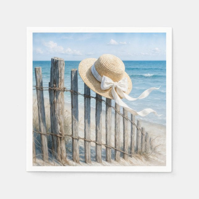 Serviette En Papier Chapeau de paille d'été sur une clôture de plage (Devant)