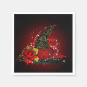 Serviette En Papier Chapeau de sorcière Glam Lacy noir et rouge paille