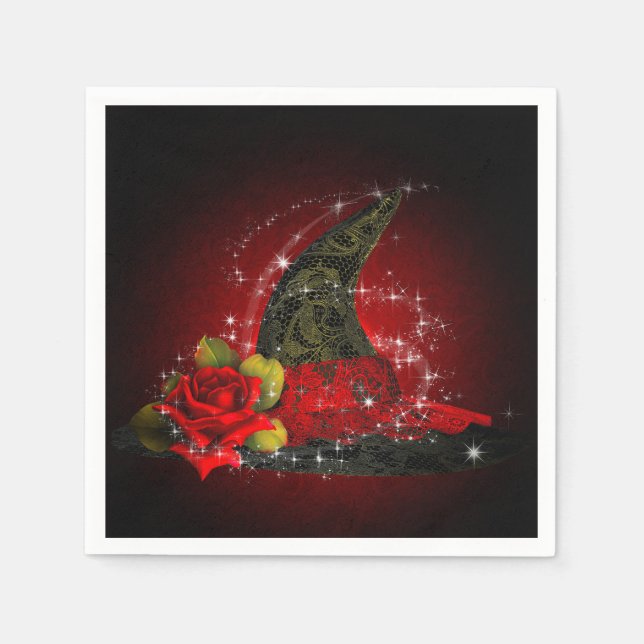 Serviette En Papier Chapeau de sorcière Glam Lacy noir et rouge paille (Devant)