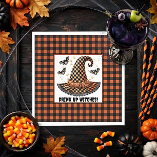 Serviette En Papier Chapeau de sorcière Halloween à carreaux orange et