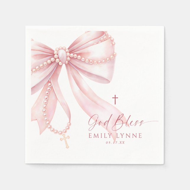 Serviette En Papier Chapelet de perles baptême rose ruban (Devant)