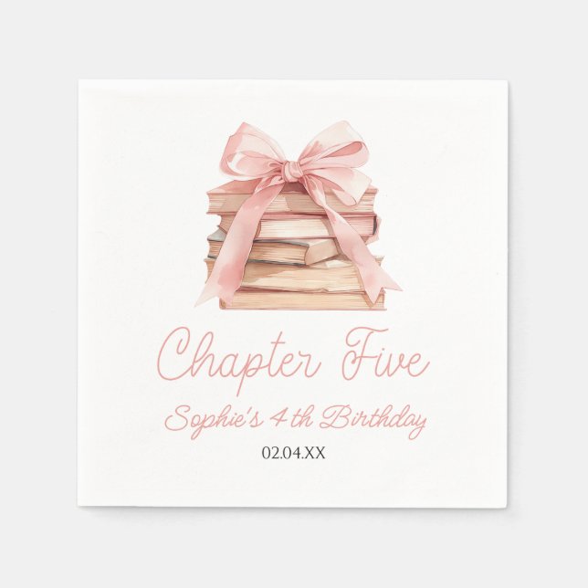 Serviette En Papier Chapter Five Pink Bow Books 5th Birthday Party (Devant)