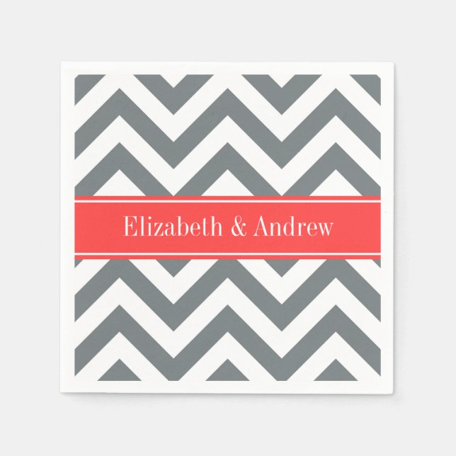 Serviette En Papier Charbon Blanc LG Chevron Corail Nom rouge Monogram (Devant)