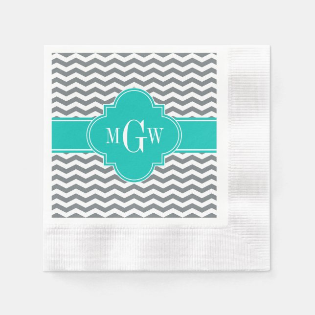 Serviette En Papier Charbon fin Chevron Turquoise Quatrefoil 3 Monogra (Devant)