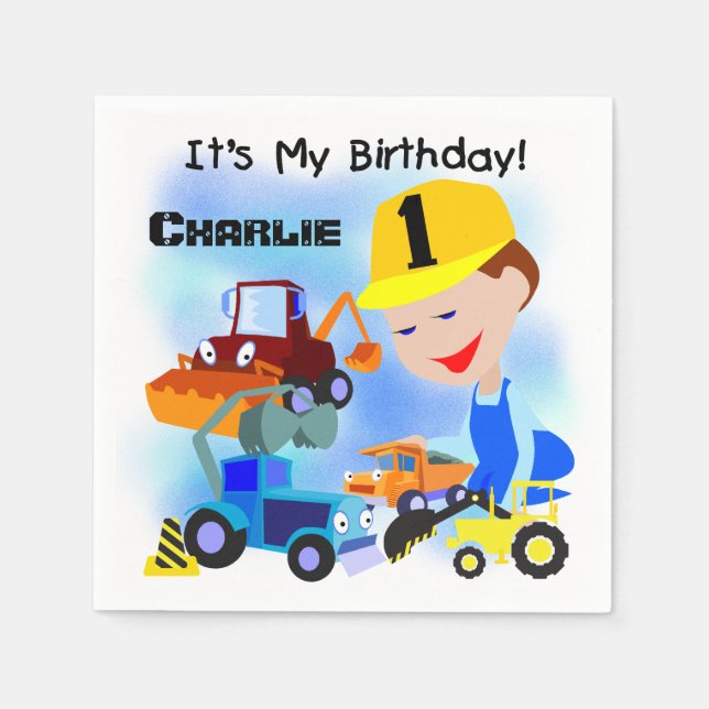 Serviette En Papier Chariots de construction 1er Anniversaire Papier s (Devant)