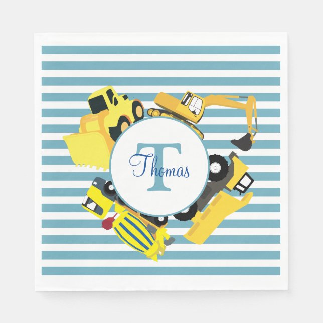 Serviette En Papier Chariots de construction Bleu rayures Monogramme (Devant)