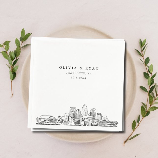 Serviette En Papier Charlotte Mariage Paper Cocktail Napkin (Charlotte North Carolina Wedding Skyline Napkins Classy Black and White)