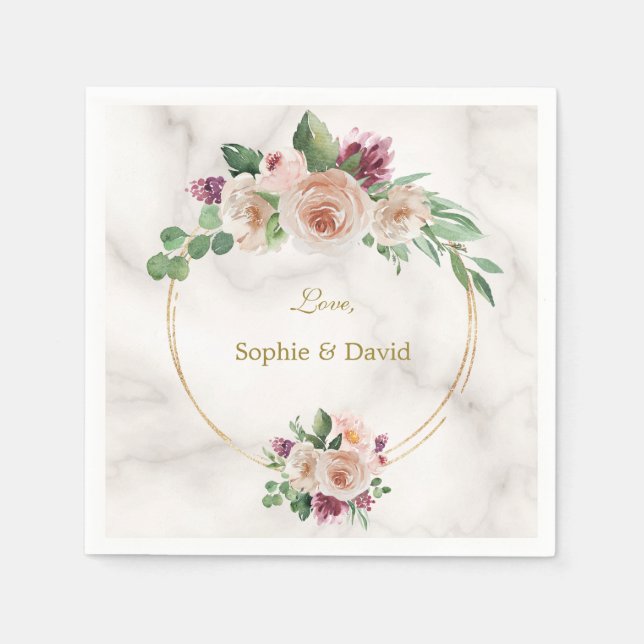 Serviette En Papier Charm Blush Champagne Fleurs Mariage Or (Devant)